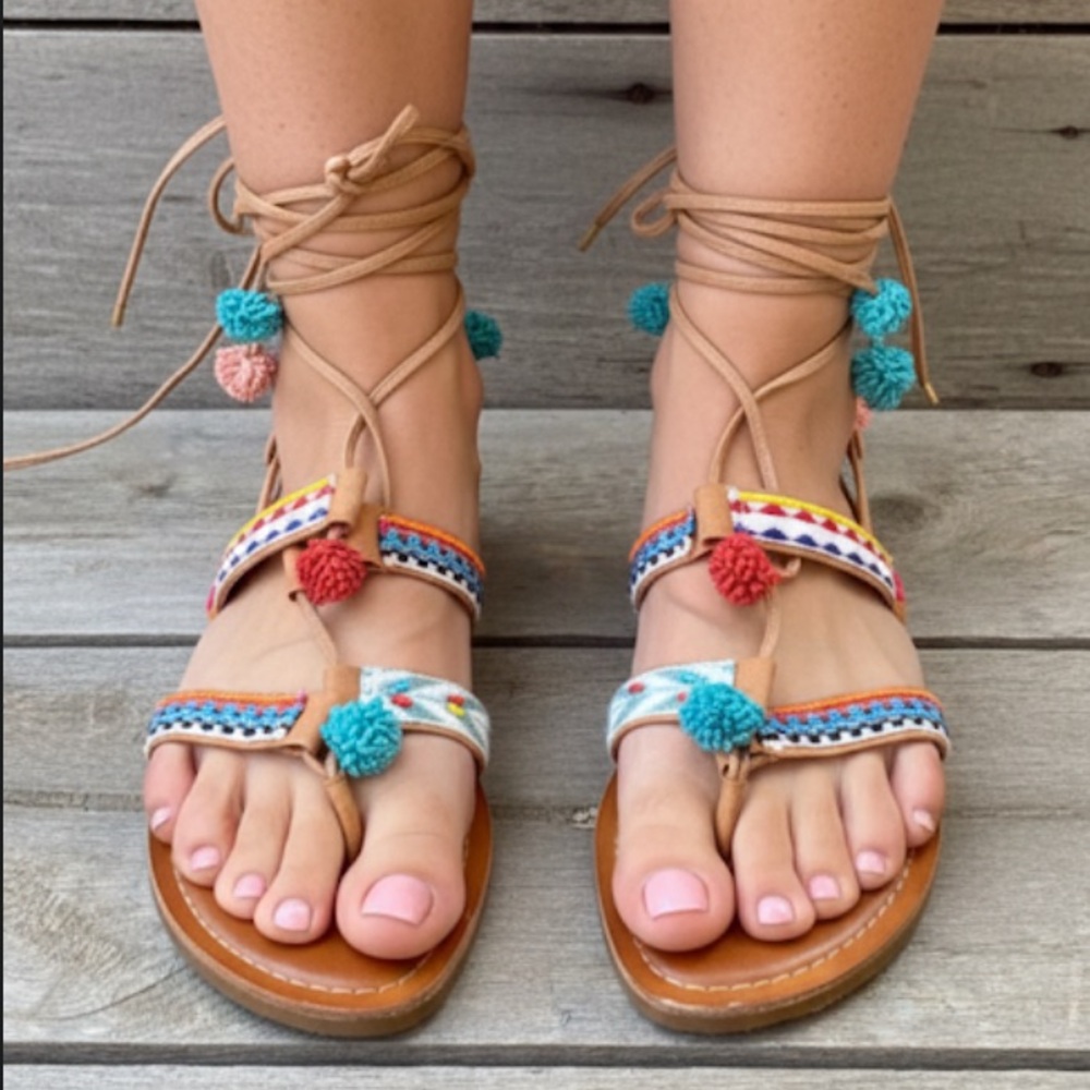 Gianni Bini Colorful Pom Pom Gladiator Sandals